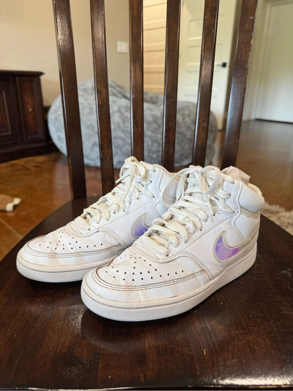 Nike White High-Top Sneakers with Holographic Swoosh (5.5 Y/7 W)